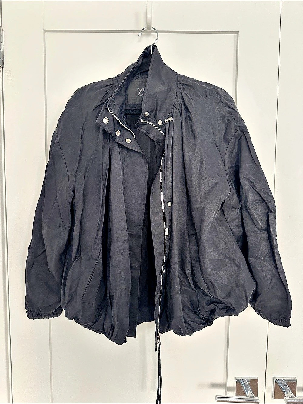 Zara ZW Collection Gathered Crepe Bomber Jacket Black Medium
